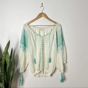 Miss June White Green Embroidered Blouse OS
